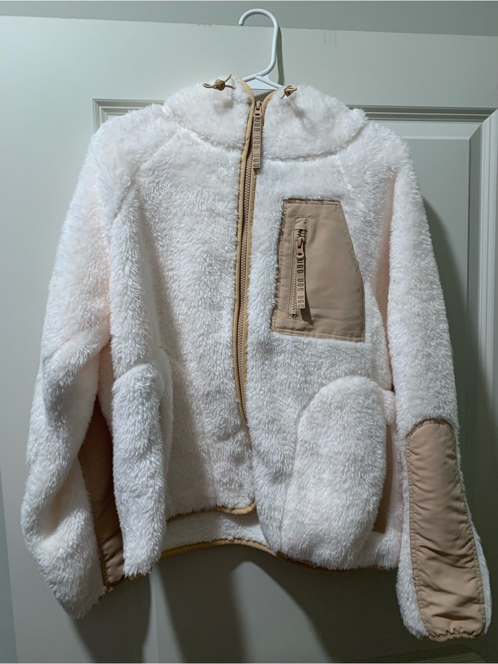 UGG Women’s Plush Hooded Puffer Jacket in Cream with Tan Trim